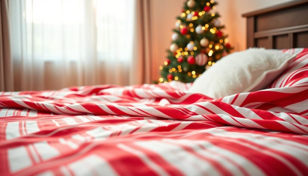 A candy cane striped holiday bedspread beautifully drapes over a cozy, inviting bed in a warmly lit bedroom. The foreground features the vibrant red and white stripes of the bedspread, intricately designed to mimic traditional candy cane patterns. A plush, white throw pillow with subtle holiday accents rests at the head of the bed, completing the festive look. In the middle ground, soft ambient light filters through a sheer window curtain, creating a warm glow that enhances the holiday spirit. The background showcases a softly decorated Christmas tree with twinkling lights and ornaments, adding to the cozy atmosphere. The scene is framed from a slightly elevated angle, capturing the full beauty of the bedspread while promoting a snug, festive vibe ideal for cozy winter nights.