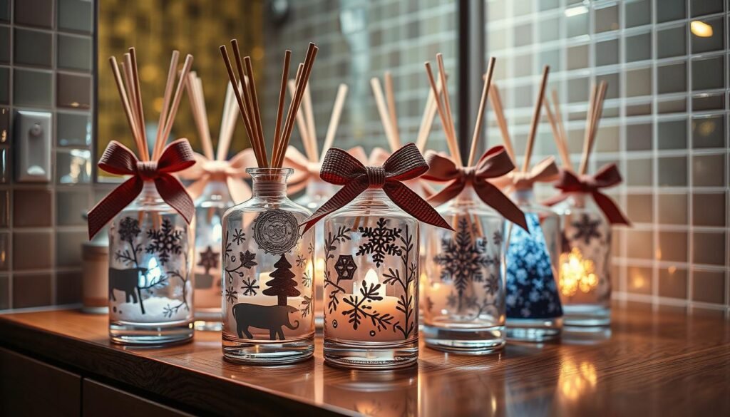 A cluster of festive holiday-scented bathroom diffusers, their elegant glass bottles adorned with intricate winter motifs and wrapped in plush, textured ribbons. Placed on a polished wooden vanity, the diffusers emit a soft, ambient glow from their LED lights, creating a cozy, inviting atmosphere. In the background, the tiled bathroom walls are bathed in warm, golden lighting, reflecting the tranquil, spa-like ambiance. The scene is captured with a shallow depth of field, emphasizing the delicate details and alluring fragrances of these seasonal home accents.