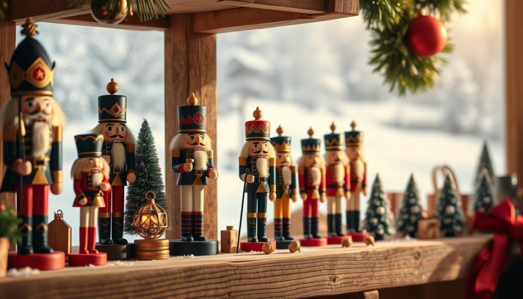 A cozy Christmas scene with an array of charming wooden nutcrackers and traditional toy soldiers displayed on a rustic wooden shelf. The figures are meticulously detailed, with intricate uniforms, accessories, and expressions that capture the whimsical spirit of the holiday. Soft, warm lighting illuminates the scene, casting gentle shadows that accentuate the depth and texture of the wooden elements. The background is a serene, out-of-focus winter landscape, hinting at a snowy, nostalgic setting. The overall composition evokes a sense of timeless holiday cheer and old-world charm. A cozy Christmas scene with an array of charming wooden nutcrackers and traditional toy soldiers displayed on a rustic wooden shelf. The figures are meticulously detailed, with intricate uniforms, accessories, and expressions that capture the whimsical spirit of the holiday. Soft, warm lighting illuminates the scene, casting gentle shadows that accentuate the depth and texture of the wooden elements. The background is a serene, out-of-focus winter landscape, hinting at a snowy, nostalgic setting. The overall composition evokes a sense of timeless holiday cheer and old-world charm.