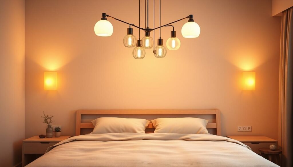 A cozy Japandi-inspired bedroom with soft, warm lighting creating a tranquil ambiance. A minimalist bedframe in light wood tones is accentuated by a cluster of pendant lamps hanging from the ceiling, casting a gentle, diffused glow. Warm-toned wall sconces flank the bed, providing additional illumination. The overall lighting setup combines both direct and indirect sources, resulting in a harmonious and restful atmosphere. The scene is captured in a high-quality, photorealistic style with attention to detail in the materials, textures, and shadows. A cozy Japandi-inspired bedroom with soft, warm lighting creating a tranquil ambiance. A minimalist bedframe in light wood tones is accentuated by a cluster of pendant lamps hanging from the ceiling, casting a gentle, diffused glow. Warm-toned wall sconces flank the bed, providing additional illumination. The overall lighting setup combines both direct and indirect sources, resulting in a harmonious and restful atmosphere. The scene is captured in a high-quality, photorealistic style with attention to detail in the materials, textures, and shadows.