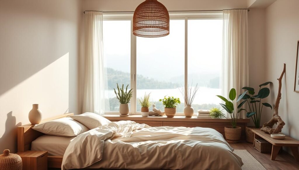A cozy Japandi-style bedroom with natural elements bathed in soft, warm lighting. In the foreground, a low-profile, minimalist wooden bed frame is adorned with crisp, organic linen bedding. Beside it, a wooden nightstand holds a simple, ceramic lamp that casts a gentle glow. In the middle ground, a woven rattan pendant light hangs overhead, complementing the natural textures. The backdrop features a large window that frames a serene outdoor landscape, allowing natural light to pour in and connect the interior with the natural world. Potted plants and a driftwood sculpture add earthy accents, while the overall palette of whites, beiges, and browns creates a calming, restorative atmosphere. A cozy Japandi-style bedroom with natural elements bathed in soft, warm lighting. In the foreground, a low-profile, minimalist wooden bed frame is adorned with crisp, organic linen bedding. Beside it, a wooden nightstand holds a simple, ceramic lamp that casts a gentle glow. In the middle ground, a woven rattan pendant light hangs overhead, complementing the natural textures. The backdrop features a large window that frames a serene outdoor landscape, allowing natural light to pour in and connect the interior with the natural world. Potted plants and a driftwood sculpture add earthy accents, while the overall palette of whites, beiges, and browns creates a calming, restorative atmosphere.