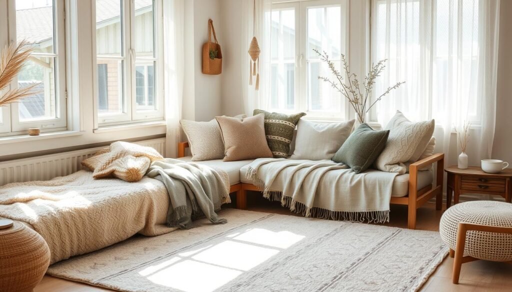 A cozy Nordic-inspired room with an abundance of soft, natural textiles. Sunlight streams through large windows, illuminating a plush area rug with geometric patterns in muted earth tones. Woven throws and pillows in shades of beige, gray, and olive adorn a minimalist couch, complementing the smooth wooden furniture. A delicate lace curtain billows gently, adding a touch of femininity. The overall atmosphere is one of relaxation and understated elegance, perfectly suited for a tranquil Japandi-style bedroom. A cozy Nordic-inspired room with an abundance of soft, natural textiles. Sunlight streams through large windows, illuminating a plush area rug with geometric patterns in muted earth tones. Woven throws and pillows in shades of beige, gray, and olive adorn a minimalist couch, complementing the smooth wooden furniture. A delicate lace curtain billows gently, adding a touch of femininity. The overall atmosphere is one of relaxation and understated elegance, perfectly suited for a tranquil Japandi-style bedroom.