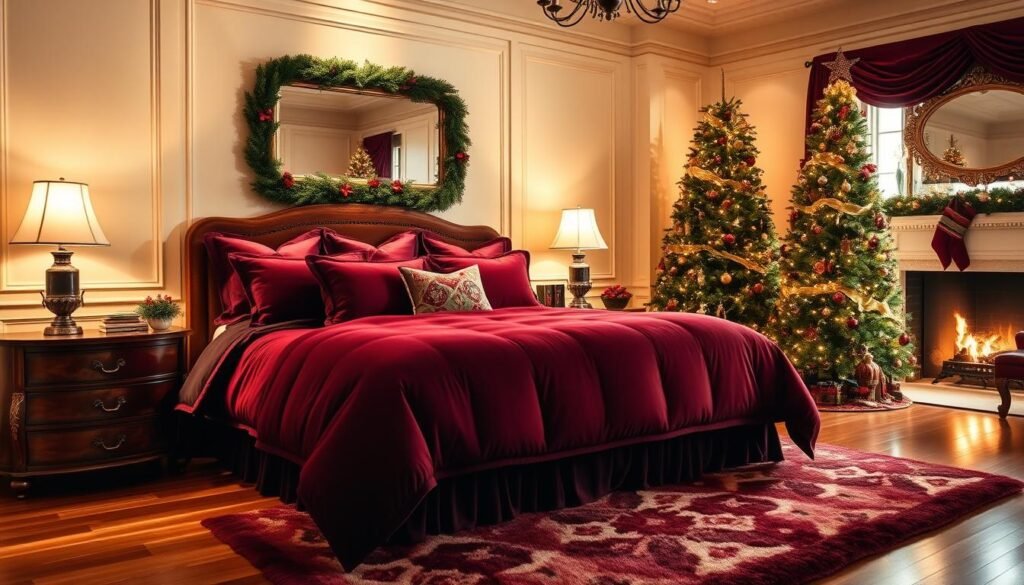 A cozy Ralph Lauren-inspired Christmas bedroom with a plush, high-quality bedding set in deep crimson and rich chocolate tones. The room is bathed in warm, soft lighting, with a fireplace in the background casting a gentle glow. On the bedside tables, there are vintage-style hurricane lamps, and a large, ornate mirror hangs on the wall, reflecting the festive scene. The hardwood floors are covered with a lush, patterned area rug, and a tall, elegantly decorated Christmas tree stands in the corner, completing the luxurious, yet inviting atmosphere. A cozy Ralph Lauren-inspired Christmas bedroom with a plush, high-quality bedding set in deep crimson and rich chocolate tones. The room is bathed in warm, soft lighting, with a fireplace in the background casting a gentle glow. On the bedside tables, there are vintage-style hurricane lamps, and a large, ornate mirror hangs on the wall, reflecting the festive scene. The hardwood floors are covered with a lush, patterned area rug, and a tall, elegantly decorated Christmas tree stands in the corner, completing the luxurious, yet inviting atmosphere.