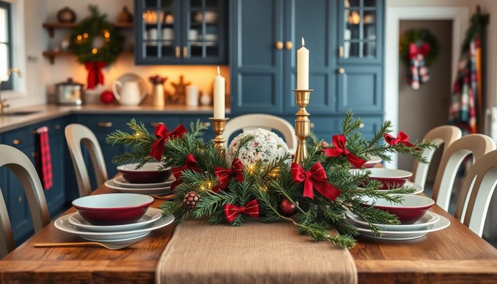 A cozy Ralph Lauren-inspired kitchen, bathed in warm, soft lighting. A rustic wooden table is set with antique-style ceramic dishware in deep burgundy, forest green, and classic white. Garlands of evergreen adorned with red bows and twinkling fairy lights spill across the tabletop, complementing the rich, textured runner. Brass candlesticks and a vintage-inspired centerpiece add elegant touches. In the background, cabinets in a deep, inviting blue tone are accented with polished brass hardware. Pops of tartan and plaid textiles bring in the signature Ralph Lauren Christmas palette, creating a harmonious, inviting scene full of holiday cheer. A cozy Ralph Lauren-inspired kitchen, bathed in warm, soft lighting. A rustic wooden table is set with antique-style ceramic dishware in deep burgundy, forest green, and classic white. Garlands of evergreen adorned with red bows and twinkling fairy lights spill across the tabletop, complementing the rich, textured runner. Brass candlesticks and a vintage-inspired centerpiece add elegant touches. In the background, cabinets in a deep, inviting blue tone are accented with polished brass hardware. Pops of tartan and plaid textiles bring in the signature Ralph Lauren Christmas palette, creating a harmonious, inviting scene full of holiday cheer.
