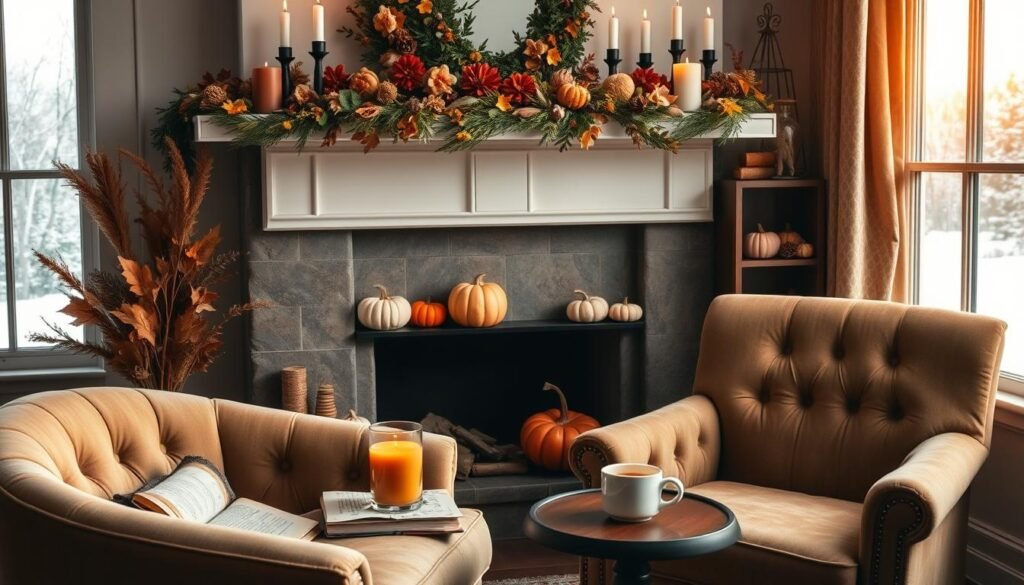 A cozy Thanksgiving scene with a mantelpiece adorned with autumnal garlands, candles, and a wreath. In the foreground, a plush velvet armchair sits next to a side table with a pumpkin-spice scented candle, a vintage book, and a steaming cup of apple cider. In the middle ground, a bookshelf displays an assortment of pumpkins, gourds, and natural elements like pine cones and dried flowers. The background showcases a large window with a scenic view of a snowy landscape, casting a warm, golden glow throughout the room. The overall atmosphere is one of hygge and effortless holiday charm.