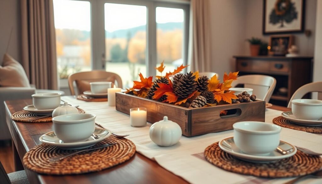 A cozy Thanksgiving table setting in a warm, inviting living room. The centerpiece features a rustic wooden tray filled with autumn leaves, pine cones, and a few tealight candles. Woven placemats, vintage-inspired ceramic dishware, and a soft, plaid tablecloth create a charming, yet budget-friendly display. Soft, indirect lighting casts a golden glow, while a large window in the background offers a view of a picturesque fall landscape. The overall mood is one of effortless elegance and down-to-earth simplicity.