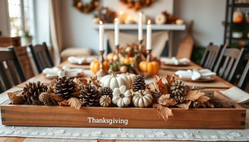 A cozy Thanksgiving table setting with DIY crafts as the focal point. In the foreground, a rustic wooden tray displays an array of handmade decorations - pine cone garlands, woven placemats, and artfully arranged seasonal florals. The middle ground features a neutral-toned tablecloth with subtle embroidered patterns, complemented by simple candlesticks and a centerpiece of dried leaves and twigs. In the background, a warm, softly lit interior with a fireplace mantel adorned with natural elements like gourds and pumpkins, creating an inviting and effortless holiday atmosphere. Shoot with a wide-angle lens to capture the full scene, using soft, diffused lighting to enhance the cozy, homespun vibe.