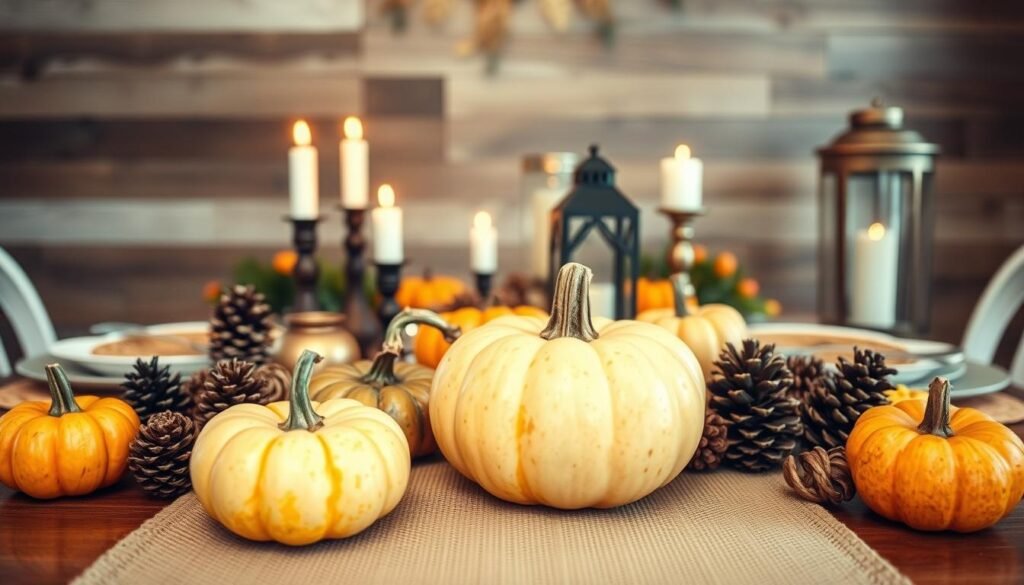 A cozy Thanksgiving tablescape with earthy, rustic accents. In the foreground, a simple burlap table runner and a collection of pumpkins, gourds, and pinecones in warm, autumnal hues. In the middle ground, vintage-inspired candlesticks and lanterns casting a soft, ambient glow. In the background, a wooden backdrop with a subtle texture, creating a warm, inviting atmosphere. The lighting is natural and evenly distributed, with a touch of directional lighting to highlight the textures and details. The overall mood is one of effortless, budget-friendly elegance, perfect for a Thanksgiving celebration.
