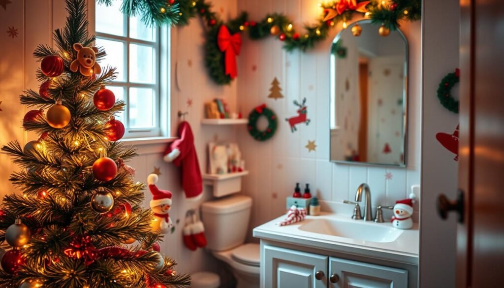 A cozy and inviting Christmas-themed bathroom with a warm, festive atmosphere. In the foreground, a whimsical Christmas tree decorated with colorful ornaments, lights, and garlands. On the vanity, a collection of child-friendly holiday-themed accessories such as a reindeer-shaped soap dispenser, snowman-shaped toothbrush holder, and a Santa-themed bath mat. The walls are adorned with playful holiday-inspired wall decals, creating a playful and engaging environment. Soft, indirect lighting illuminates the scene, casting a gentle glow and enhancing the cozy ambiance. The overall composition conveys a sense of holiday cheer and family-friendly charm, perfect for a child's bathroom during the Christmas season.