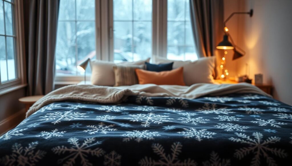 A cozy and inviting bedroom featuring a snowflake pattern flannel bedspread, richly textured to evoke warmth and comfort. In the foreground, the bed is made with the soft flannel spread, showcasing intricate white and blue snowflakes against a deep navy background. The middle ground includes plump pillows accentuated with knit throws, and a small decorative rug peeking out from beneath the bed. The background has a softly lit, snowy window scene with gentle snowfall outside, enhancing the festive winter atmosphere. Warm ambient lighting casts a soft glow over the room, while the lens captures the scene at a slight angle for a dynamic perspective. The overall mood is serene and festive, perfect for cozy nights during the holiday season.
