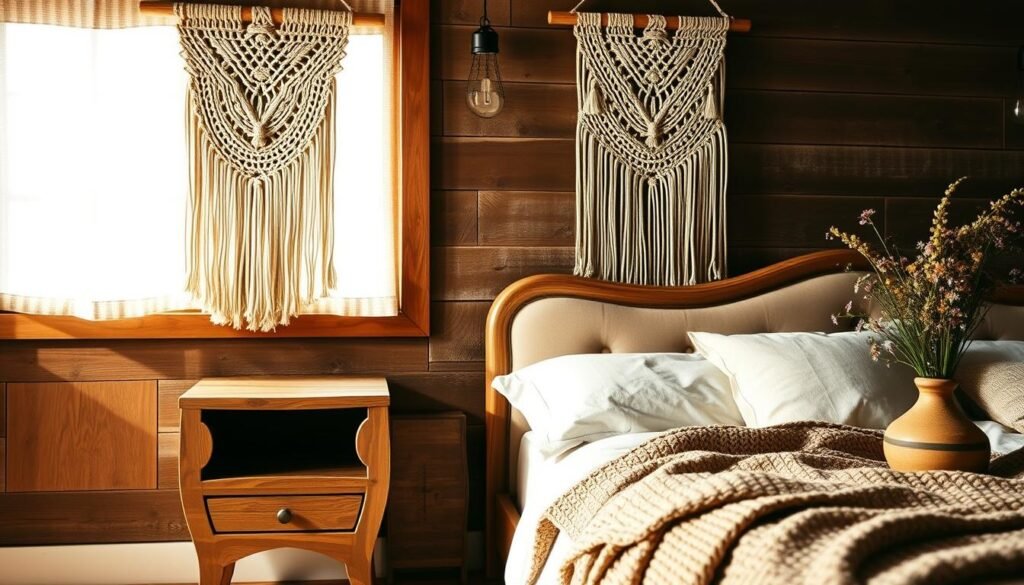A cozy and inviting bedroom with artisanal touches and handcrafted details. Warm, diffused lighting casts a soft glow across a rustic, wood-paneled wall. In the foreground, a meticulously woven macrame wall hanging adds a touch of bohemian flair, its intricate patterns casting delicate shadows. A hand-carved wooden nightstand with a unique, organic grain stands beside a plush, tufted headboard, adorned with hand-stitched embroidery. Linen bedding and a knitted throw blanket add layers of texture, while a handmade ceramic vase holds a bouquet of fresh wildflowers. The overall scene exudes a sense of cozy, artisanal elegance, capturing the essence of trending bedroom design for 2026. A cozy and inviting bedroom with artisanal touches and handcrafted details. Warm, diffused lighting casts a soft glow across a rustic, wood-paneled wall. In the foreground, a meticulously woven macrame wall hanging adds a touch of bohemian flair, its intricate patterns casting delicate shadows. A hand-carved wooden nightstand with a unique, organic grain stands beside a plush, tufted headboard, adorned with hand-stitched embroidery. Linen bedding and a knitted throw blanket add layers of texture, while a handmade ceramic vase holds a bouquet of fresh wildflowers. The overall scene exudes a sense of cozy, artisanal elegance, capturing the essence of trending bedroom design for 2026.