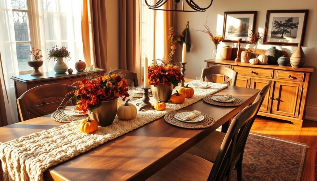 A cozy and inviting fall-themed dining room, bathed in warm, golden light filtering through sheer curtains. The table is adorned with a plush knit runner, complemented by natural woven placemats, ceramic pumpkin décor, and a bouquet of seasonal flowers in rich autumnal hues. Candlesticks flicker, casting a soft, ambient glow, while a rustic wooden console displays a collection of vintage-inspired vases and small pumpkins. The hardwood floors are covered by a plush, patterned area rug, and the walls feature framed nature-inspired artwork. Overall, the scene evokes a sense of comfort, warmth, and cozy fall charm.