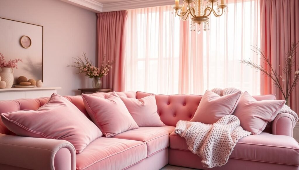 A cozy and inviting living room, awash in soft, calming shades of pink. Plush, oversized velvet throw pillows in a range of blush tones nestle against a large, tufted pink sofa. A fluffy, hand-knitted blanket in a delicate, dusty rose hue drapes gracefully over the arm of the couch. Delicate, sheer curtains in a romantic pink chiffon sway gently in the warm, ambient lighting, casting a rosy glow throughout the space. Layers of rich, velvety textures and softly textured fabrics create a serene, comfortable atmosphere, perfect for cozy winter days and nights. Soft, diffused lighting from a statement chandelier above highlights the luxurious, cocooning feel of the living room, inviting relaxation and repose.