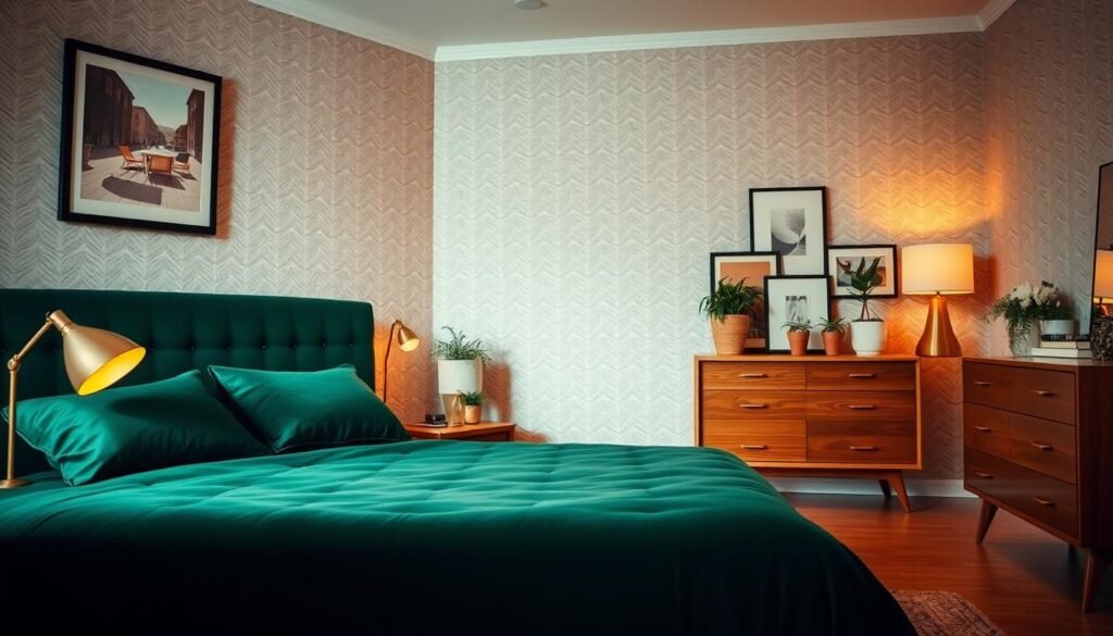 A cozy and inviting retro-style bedroom with a contemporary twist. In the foreground, a plush velvet upholstered bed frame in a rich emerald green color, complemented by warm brass nightstands and a vintage-inspired table lamp. The middle ground features a mid-century modern dresser in a natural wood tone, adorned with a mix of potted plants and framed artwork. The background showcases a textured wallpaper in a subtle geometric pattern, creating a visually engaging backdrop. Soft, warm lighting illuminates the space, lending a sense of comfort and sophistication. The overall atmosphere blends the timeless charm of retro design with the refined elegance of modern sensibilities. A cozy and inviting retro-style bedroom with a contemporary twist. In the foreground, a plush velvet upholstered bed frame in a rich emerald green color, complemented by warm brass nightstands and a vintage-inspired table lamp. The middle ground features a mid-century modern dresser in a natural wood tone, adorned with a mix of potted plants and framed artwork. The background showcases a textured wallpaper in a subtle geometric pattern, creating a visually engaging backdrop. Soft, warm lighting illuminates the space, lending a sense of comfort and sophistication. The overall atmosphere blends the timeless charm of retro design with the refined elegance of modern sensibilities.