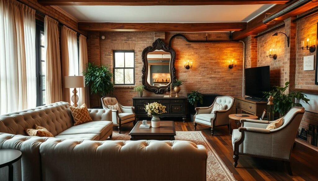 A cozy and inviting vintage living room with a fresh, modern twist. In the foreground, a plush, tufted sofa in a soft, muted color sits atop a patterned area rug. Vintage-inspired armchairs and a wooden coffee table create a balanced seating arrangement. Warm lighting filters through sheer, flowing curtains, casting a gentle glow. The middle ground features a mix of old and new decor - a statement vintage mirror, potted plants, and minimalist, contemporary accents. The background showcases exposed brick walls and wooden beams, blending the old-world charm with sleek, modern wall sconces. The overall atmosphere is one of refined elegance, where the past and present seamlessly coexist. A cozy and inviting vintage living room with a fresh, modern twist. In the foreground, a plush, tufted sofa in a soft, muted color sits atop a patterned area rug. Vintage-inspired armchairs and a wooden coffee table create a balanced seating arrangement. Warm lighting filters through sheer, flowing curtains, casting a gentle glow. The middle ground features a mix of old and new decor - a statement vintage mirror, potted plants, and minimalist, contemporary accents. The background showcases exposed brick walls and wooden beams, blending the old-world charm with sleek, modern wall sconces. The overall atmosphere is one of refined elegance, where the past and present seamlessly coexist.