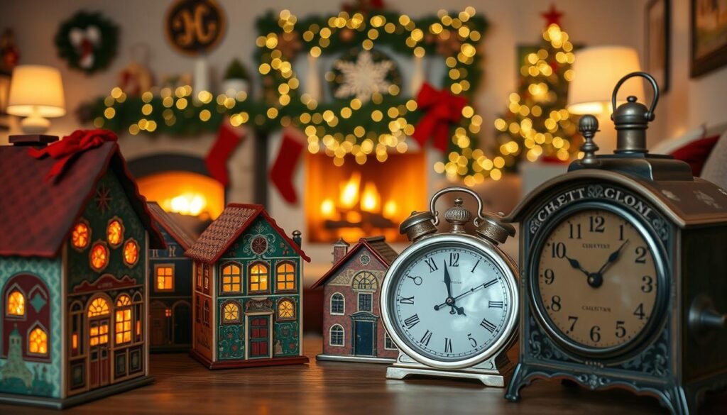 A cozy and nostalgic scene of classic advent calendars and retro Christmas countdowns. In the foreground, ornate wooden advent calendar houses with intricate doors, their vibrant colors and patterns casting a warm glow. In the middle ground, vintage tin or cardboard countdown clocks, their metallic bodies and analog hands evoking a sense of holiday anticipation. In the background, a festive living room with a crackling fireplace, twinkling lights, and plush holiday decor. The lighting is soft and natural, as if captured by a high-quality DSLR camera with a wide aperture lens. The overall mood is one of charming, nostalgic holiday cheer. A cozy and nostalgic scene of classic advent calendars and retro Christmas countdowns. In the foreground, ornate wooden advent calendar houses with intricate doors, their vibrant colors and patterns casting a warm glow. In the middle ground, vintage tin or cardboard countdown clocks, their metallic bodies and analog hands evoking a sense of holiday anticipation. In the background, a festive living room with a crackling fireplace, twinkling lights, and plush holiday decor. The lighting is soft and natural, as if captured by a high-quality DSLR camera with a wide aperture lens. The overall mood is one of charming, nostalgic holiday cheer.