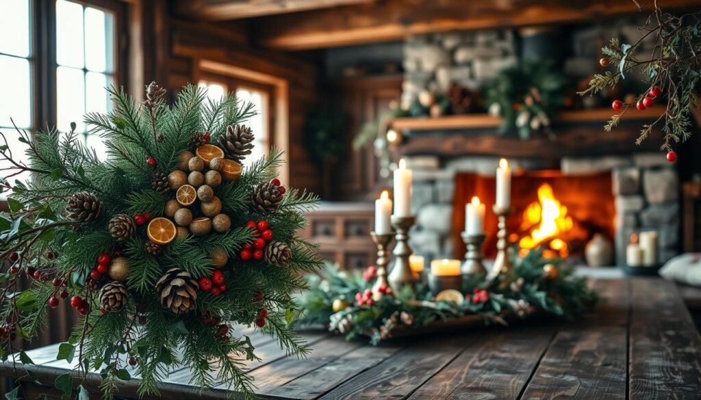 A cozy and rustic yuletide scene, bathed in warm, golden light filtering through frosty windowpanes. In the foreground, a lush evergreen wreath adorned with delicate pinecones, dried citrus slices, and clusters of crimson berries. Trailing sprigs of wild ivy and fragrant cedar branches frame the scene, lending a natural, organic touch. In the middle ground, a weathered wooden table bears a rustic centerpiece of birchwood candle holders, tarnished brass accents, and a scattering of dried foliage. The background reveals a backdrop of exposed wooden beams and a stone fireplace, its crackling flames casting a cozy, inviting glow. This serene and nostalgic tableau captures the essence of a cozy, old-world yuletide celebration. A cozy and rustic yuletide scene, bathed in warm, golden light filtering through frosty windowpanes. In the foreground, a lush evergreen wreath adorned with delicate pinecones, dried citrus slices, and clusters of crimson berries. Trailing sprigs of wild ivy and fragrant cedar branches frame the scene, lending a natural, organic touch. In the middle ground, a weathered wooden table bears a rustic centerpiece of birchwood candle holders, tarnished brass accents, and a scattering of dried foliage. The background reveals a backdrop of exposed wooden beams and a stone fireplace, its crackling flames casting a cozy, inviting glow. This serene and nostalgic tableau captures the essence of a cozy, old-world yuletide celebration.