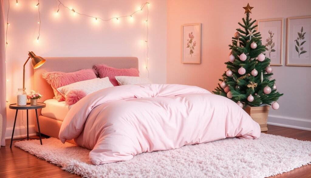 A cozy bedroom bathed in the warm, soft glow of pink holiday accents. Fluffy duvet in blush hues, plush throw pillows and a miniature Christmas tree adorned with delicate pink ornaments. Subtle string lights draped overhead cast a dreamlike ambiance, while a vintage brass table lamp illuminates the scene. The hardwood floors are covered in a plush, pale pink shag rug. Framed botanical prints hang on the walls, complementing the pastel palette. Every detail radiates a sense of serene, feminine charm. Captured with a high-resolution DSLR camera, this scene evokes the tranquil, inviting mood of a relaxing holiday retreat.