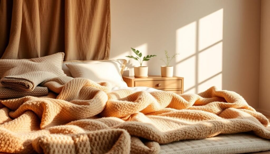 A cozy bedroom scene, bathed in warm, natural light. In the foreground, an artfully curated selection of plush, textured throws, pillows, and rugs in a harmonious palette of muted earth tones and soft neutrals. The fabrics flow and drape gracefully, inviting touch and relaxation. In the middle ground, a wooden nightstand supports a single potted plant, casting gentle shadows. The background hints at a neutral-toned wall, creating a tranquil, serene ambiance. The overall composition exudes an air of understated sophistication and feminine elegance, perfectly suited for the "Curated Textiles" section of the article. A cozy bedroom scene, bathed in warm, natural light. In the foreground, an artfully curated selection of plush, textured throws, pillows, and rugs in a harmonious palette of muted earth tones and soft neutrals. The fabrics flow and drape gracefully, inviting touch and relaxation. In the middle ground, a wooden nightstand supports a single potted plant, casting gentle shadows. The background hints at a neutral-toned wall, creating a tranquil, serene ambiance. The overall composition exudes an air of understated sophistication and feminine elegance, perfectly suited for the "Curated Textiles" section of the article.