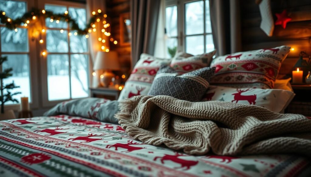 A cozy bedroom scene featuring a Nordic reindeer print festive bedding set, showcasing intricate patterns of reindeers, pine trees, and snowflakes in traditional red, white, and green colors. In the foreground, the bed is invitingly made, with plush pillows piled at the headboard. Midway, a knitted throw blanket adds texture and warmth, draped casually over one side of the bed. The background reveals a softly lit room adorned with holiday decorations, such as string lights and a wooden nightstand with a flickering candle. The lighting is warm and soothing, casting a gentle glow that enhances the festive atmosphere. The angle is slightly elevated, capturing the allure of the bedding against the backdrop of a tranquil winter scene outside the window.