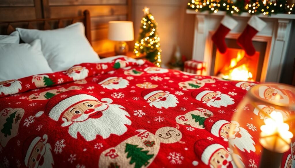A cozy bedroom scene featuring a Santa Claus-themed fleece bedspread, intricately patterned with classic festive motifs, including jolly Santa faces, Christmas trees, and snowflakes. The bedspread is luxuriously spread across a snug, inviting bed with fluffy white pillows peeking out. In the foreground, a warm, soft light illuminates the bed, enhancing the rich colors of red, white, and green, evoking a cheerful holiday spirit. The middle ground showcases a beautifully decorated nightstand with a small Christmas tree and twinkling fairy lights. In the background, a softly glowing fireplace adds warmth, with stockings hung with care. The entire atmosphere is filled with a sense of holiday cheer, comfort, and warmth, perfect for cozy nights during the festive season.