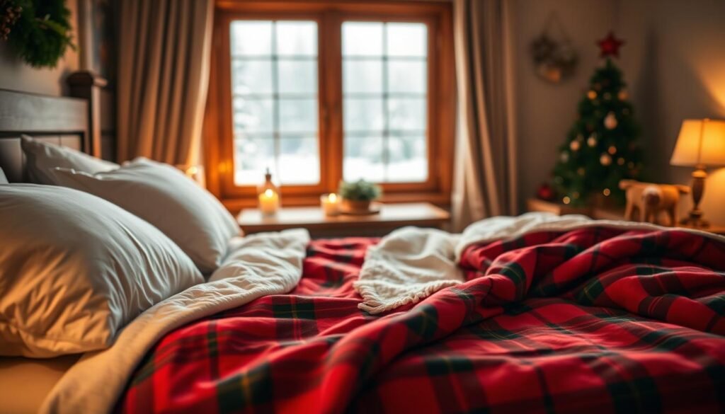 A cozy bedroom scene showcases a traditional red plaid Christmas bedspread elegantly draped over a neatly made bed. The bedspread features rich, vibrant reds and deep greens in a classic plaid pattern, evoking a warm and festive atmosphere. In the foreground, plush white pillows and a soft throw blanket add layers of comfort. The middle ground reveals a wooden nightstand adorned with a glowing candle and a small evergreen centerpiece, enhancing the holiday spirit. In the background, a softly lit window reveals a winter landscape, with gentle snowflakes falling, casting a serene, magical glow within the room. The lighting is warm and inviting, achieved with a soft focus lens to create a dream-like quality, perfect for cozy nights. The overall mood is festive, homely, and perfectly captures the essence of a Christmas retreat.