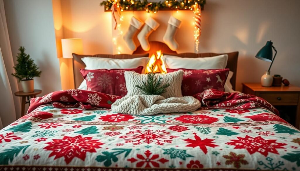 A cozy bedroom setting adorned with a beautifully arranged Christmas winter blanket featuring vibrant holiday colors such as deep reds, rich greens, and snowy whites. In the foreground, the blanket is displayed elegantly across a king-sized bed, showcasing intricate patterns like snowflakes, Christmas trees, and reindeer motifs. The center of the bed has plush pillows and a fluffy throw, inviting warmth and comfort. In the middle, soft ambient lighting creates a warm and festive atmosphere, while a wooden nightstand holds twinkling fairy lights and a small evergreen centerpiece. The background features a softly glowing fireplace, with stockings hanging and gentle shadows dancing on the wall, enhancing the serene winter ambiance. The scene inspires a sense of holiday coziness perfect for winter nights.