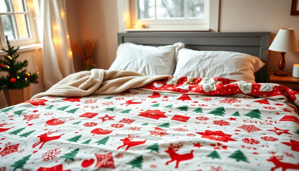 A cozy, budget-friendly Christmas bedspread spread elegantly across a neatly made bed in a warmly lit bedroom. In the foreground, the bedspread features festive patterns, such as cheerful reindeer, snowflakes, and Christmas trees in vibrant red, green, and white colors. The middle ground includes fluffy white pillows and a soft, textured throw blanket casually draped over one corner. In the background, a softly glowing string light decorates a window, illuminating the gentle details of the room. The atmosphere is inviting and cheerful, conveying a sense of warmth and holiday spirit. The scene is captured with natural, soft lighting to enhance the cozy ambiance, using a slightly elevated angle for a cozy perspective.