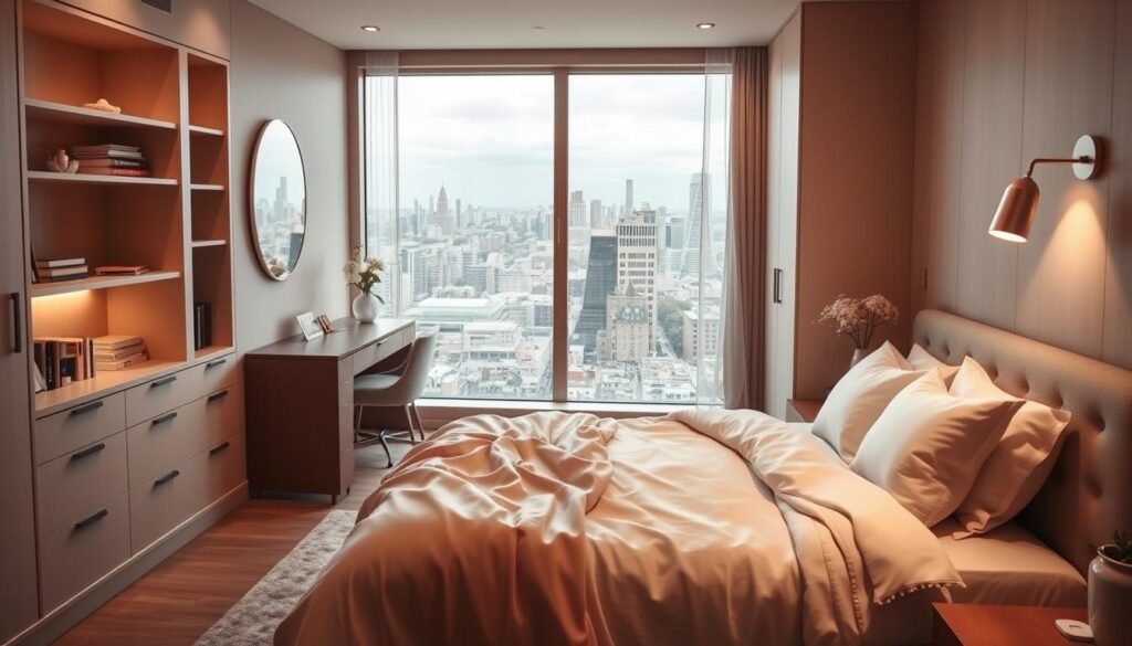 A cozy, feminine bedroom with intelligent small-space storage solutions. In the foreground, a neatly made bed with soft, flowing linens and delicate floral accents. Recessed shelving and a chic wall-mounted nightstand maximize the limited floor space. A plush area rug and warm, indirect lighting from a minimalist wall sconce create an inviting ambiance. In the middle ground, a multifunctional desk seamlessly blends with the decor, accompanied by a comfortable upholstered chair. The background features a large window overlooking a picturesque urban landscape, allowing natural light to filter in and enhance the serene, sophisticated atmosphere. A cozy, feminine bedroom with intelligent small-space storage solutions. In the foreground, a neatly made bed with soft, flowing linens and delicate floral accents. Recessed shelving and a chic wall-mounted nightstand maximize the limited floor space. A plush area rug and warm, indirect lighting from a minimalist wall sconce create an inviting ambiance. In the middle ground, a multifunctional desk seamlessly blends with the decor, accompanied by a comfortable upholstered chair. The background features a large window overlooking a picturesque urban landscape, allowing natural light to filter in and enhance the serene, sophisticated atmosphere.