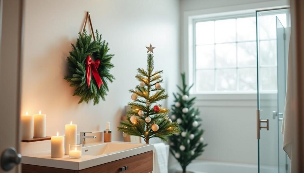 A cozy, festive bathroom decked out with minimalist, space-saving holiday decor. In the foreground, a small Christmas tree adorned with delicate ornaments and twinkling lights sits atop a floating shelf. On the vanity, a trio of pillar candles in various sizes cast a warm, ambient glow. The middle ground showcases a wall-mounted wreath made of lush, evergreen foliage and a single red bow. In the background, a large window floods the room with soft, natural light, highlighting the serene, winter-inspired color palette. The overall scene emanates a sense of holiday cheer and tranquility, perfect for a small-space Christmas bathroom.