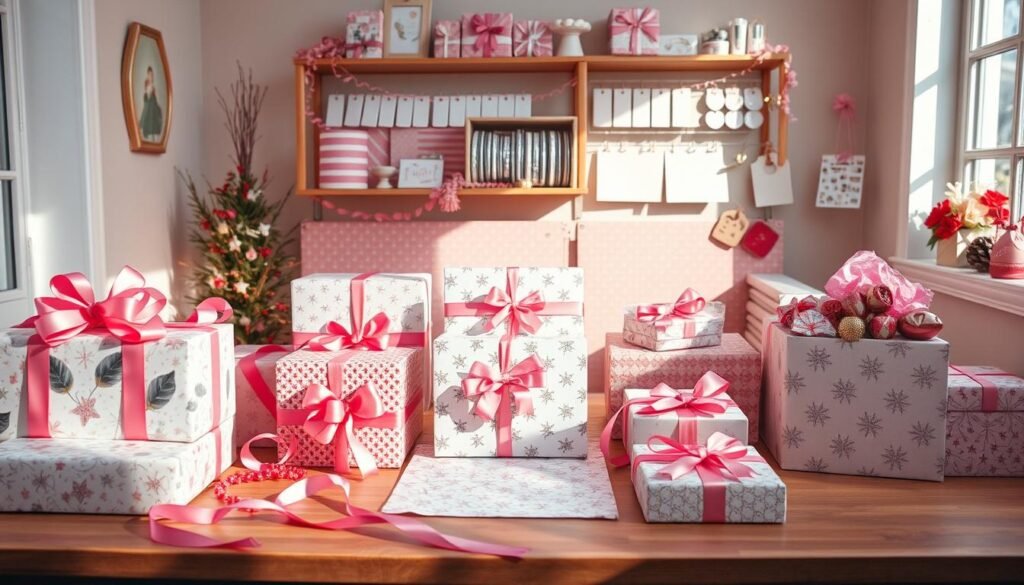 A cozy gift wrapping station in soft shades of pink, bathed in warm, natural lighting. In the foreground, a wooden tabletop is adorned with elegant pink ribbons, bows, and meticulously arranged gift boxes. The middle ground showcases a selection of holiday-themed wrapping papers, coordinating tissue paper, and an array of festive embellishments. In the background, a wall-mounted shelving unit displays an organized collection of gift tags, scissors, and other wrapping essentials. The overall scene exudes a sense of artful, picture-perfect presentation, inviting the viewer to immerse themselves in the joy of gift-giving.