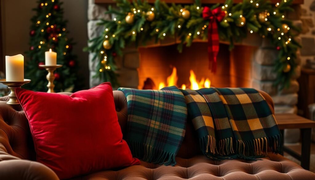 A cozy, intimate still life showcasing the quintessential Ralph Lauren Christmas color palette. In the foreground, a plush crimson velvet pillow rests atop a tufted chesterfield sofa, its rich hues complemented by the warm glow of a brass candlestick. In the middle ground, a pair of tartan throw blankets in shades of emerald and gold drape elegantly over a wooden bench, evoking a sense of rustic elegance. The background features a large stone fireplace, its flickering flames casting a soft, inviting ambiance throughout the scene. Delicate fairy lights twinkle amidst a lush garland of evergreen boughs, creating a cozy, festive atmosphere. Captured with a wide-angle lens, this image showcases the timeless, sophisticated essence of the Ralph Lauren Christmas color palette. A cozy, intimate still life showcasing the quintessential Ralph Lauren Christmas color palette. In the foreground, a plush crimson velvet pillow rests atop a tufted chesterfield sofa, its rich hues complemented by the warm glow of a brass candlestick. In the middle ground, a pair of tartan throw blankets in shades of emerald and gold drape elegantly over a wooden bench, evoking a sense of rustic elegance. The background features a large stone fireplace, its flickering flames casting a soft, inviting ambiance throughout the scene. Delicate fairy lights twinkle amidst a lush garland of evergreen boughs, creating a cozy, festive atmosphere. Captured with a wide-angle lens, this image showcases the timeless, sophisticated essence of the Ralph Lauren Christmas color palette.