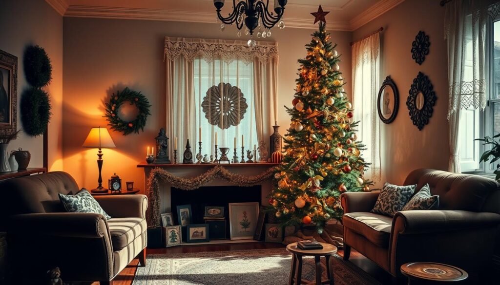 A cozy living room adorned with vintage Christmas decor in a warm, nostalgic glow. In the foreground, a beautifully decorated Christmas tree stands tall, its branches laden with delicate glass ornaments, twinkling string lights, and classic tinsel garlands. On the mantelpiece, a collection of antique candle holders and figurines create a charming display. Framing the scene, plush velvet armchairs and a hand-woven area rug evoke a timeless, lived-in ambiance. The walls are adorned with vintage-inspired wall hangings, casting soft, warm shadows that accentuate the room's inviting atmosphere. Muted natural light filters through lace-trimmed curtains, imbuing the space with a cozy, nostalgic glow. This image captures the essence of a cherished holiday tradition, inviting the viewer to step back in time and experience the magic of a vintage Christmas. A cozy living room adorned with vintage Christmas decor in a warm, nostalgic glow. In the foreground, a beautifully decorated Christmas tree stands tall, its branches laden with delicate glass ornaments, twinkling string lights, and classic tinsel garlands. On the mantelpiece, a collection of antique candle holders and figurines create a charming display. Framing the scene, plush velvet armchairs and a hand-woven area rug evoke a timeless, lived-in ambiance. The walls are adorned with vintage-inspired wall hangings, casting soft, warm shadows that accentuate the room's inviting atmosphere. Muted natural light filters through lace-trimmed curtains, imbuing the space with a cozy, nostalgic glow. This image captures the essence of a cherished holiday tradition, inviting the viewer to step back in time and experience the magic of a vintage Christmas.