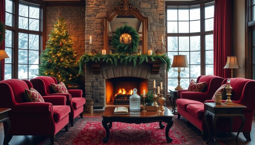 A cozy living room bathed in the warm, inviting tones of a Ralph Lauren Christmas palette. Plush, deep red velvet armchairs flank a rustic stone fireplace, its mantel adorned with fresh evergreen garlands and twinkling string lights. A large, ornate mirror reflects the soft glow, while a richly patterned area rug grounds the space. Antique wooden side tables hold crystal decanters and brass candlesticks, casting a golden light. Tall windows frame a snow-covered winter wonderland outside, completing the quintessential Ralph Lauren holiday aesthetic. A cozy living room bathed in the warm, inviting tones of a Ralph Lauren Christmas palette. Plush, deep red velvet armchairs flank a rustic stone fireplace, its mantel adorned with fresh evergreen garlands and twinkling string lights. A large, ornate mirror reflects the soft glow, while a richly patterned area rug grounds the space. Antique wooden side tables hold crystal decanters and brass candlesticks, casting a golden light. Tall windows frame a snow-covered winter wonderland outside, completing the quintessential Ralph Lauren holiday aesthetic.