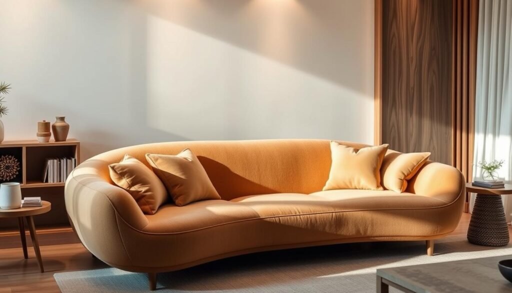 A cozy living room with a sleek, ergonomically curved sofa in a warm, earthy tone. The sofa features plush cushions and gentle contours that seamlessly support the user's back and neck. Soft, indirect lighting casts a gentle glow, creating a tranquil and inviting atmosphere. The room is furnished with complementary wooden accents and minimal decor, allowing the elegant form of the sofa to take center stage. Captured from a slightly elevated angle, the image showcases the sofa's graceful silhouette and how it harmoniously blends into the serene, contemporary setting.