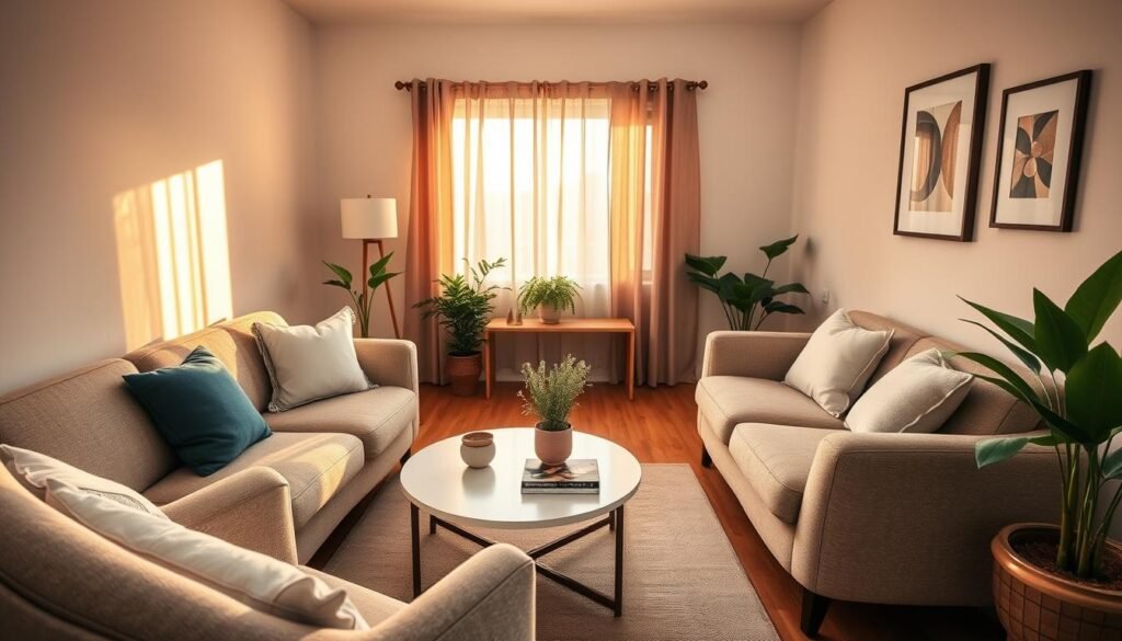 A cozy living room with a stylish curved sofa and armchair, bathed in warm, natural lighting. The furniture is arranged in a harmonious layout, maximizing the limited space. Soft textiles, plush pillows, and a neatly organized coffee table create a welcoming ambiance. Potted plants and minimal wall decor add touches of greenery and sophistication. The scene is captured with a wide-angle lens, emphasizing the efficient use of the compact area. The overall atmosphere conveys a sense of comfort, practicality, and contemporary design.