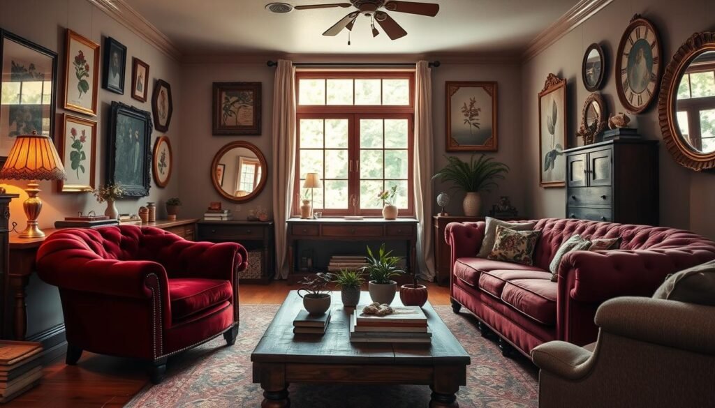 A cozy living room with a vintage-inspired aesthetic, bathed in warm, soft lighting. In the foreground, a plush velvet armchair in a rich burgundy hue, complemented by a tufted chesterfield sofa in a complementary neutral tone. On the walls, framed botanical prints and vintage-style mirrors create a layered, eclectic display. The middle ground features a rustic wood coffee table adorned with potted plants and a stack of well-worn books. In the background, a large window lets in natural light, casting a gentle glow and revealing a glimpse of a lush, verdant outdoor scene beyond. The overall mood is one of inviting comfort and timeless elegance, blending bedroom-inspired coziness with the sophistication of a living space. A cozy living room with a vintage-inspired aesthetic, bathed in warm, soft lighting. In the foreground, a plush velvet armchair in a rich burgundy hue, complemented by a tufted chesterfield sofa in a complementary neutral tone. On the walls, framed botanical prints and vintage-style mirrors create a layered, eclectic display. The middle ground features a rustic wood coffee table adorned with potted plants and a stack of well-worn books. In the background, a large window lets in natural light, casting a gentle glow and revealing a glimpse of a lush, verdant outdoor scene beyond. The overall mood is one of inviting comfort and timeless elegance, blending bedroom-inspired coziness with the sophistication of a living space.