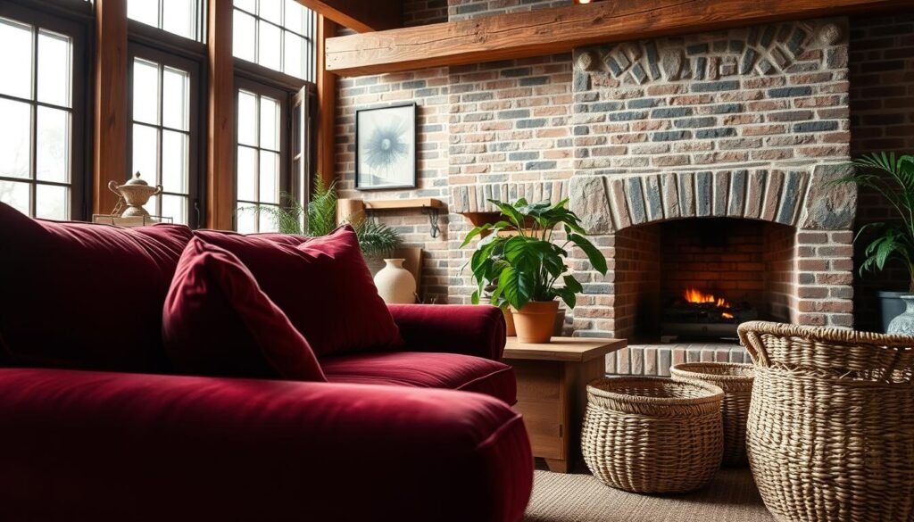 A cozy living room with warm, inviting textures and materials. In the foreground, a plush velvet sofa in a rich burgundy hue, its soft folds catching the gentle light. Interspersed are woven baskets, their intricate patterns adding depth and visual interest. In the middle ground, a wooden side table with a smooth, grained surface holds a lush plant, its verdant leaves contrasting with the earthy tones. Behind, a brick fireplace radiates a subtle glow, its textured surface complementing the surrounding decor. Overhead, a rustic wooden beam lends an air of timelessness, while large windows allow natural light to flood the space, creating a sense of openness and modernity. The overall atmosphere is one of cozy sophistication, where vintage charm meets contemporary sensibilities. A cozy living room with warm, inviting textures and materials. In the foreground, a plush velvet sofa in a rich burgundy hue, its soft folds catching the gentle light. Interspersed are woven baskets, their intricate patterns adding depth and visual interest. In the middle ground, a wooden side table with a smooth, grained surface holds a lush plant, its verdant leaves contrasting with the earthy tones. Behind, a brick fireplace radiates a subtle glow, its textured surface complementing the surrounding decor. Overhead, a rustic wooden beam lends an air of timelessness, while large windows allow natural light to flood the space, creating a sense of openness and modernity. The overall atmosphere is one of cozy sophistication, where vintage charm meets contemporary sensibilities.