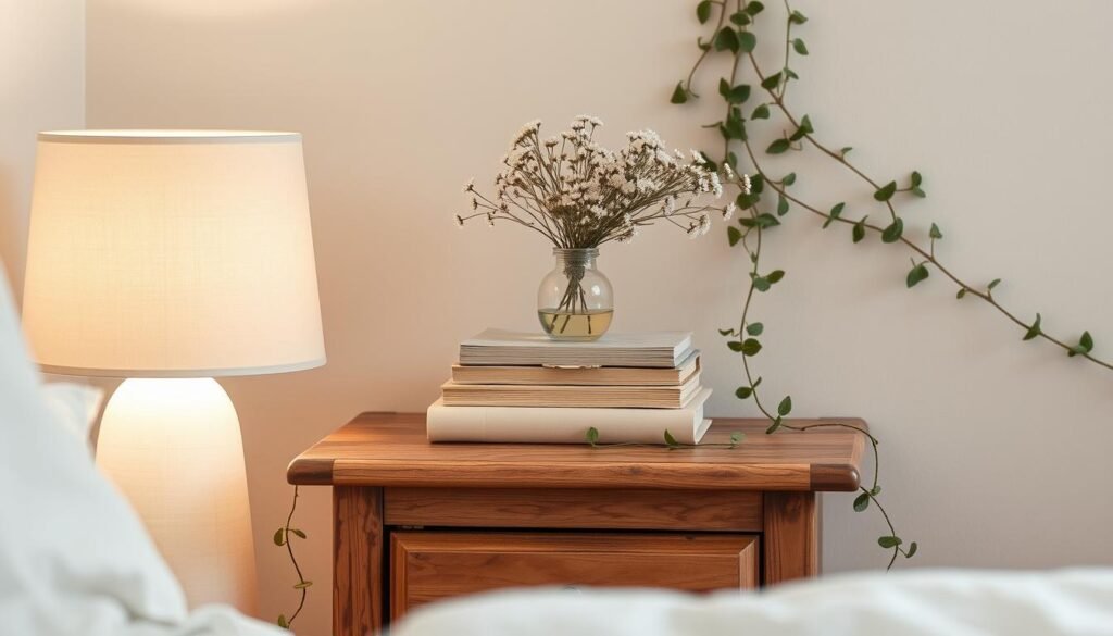 A cozy nightstand styled with intentional yet charming elements. In the foreground, a soft beige lamp casts a warm, intimate glow, complemented by a delicate bouquet of fresh wildflowers in a simple glass vase. In the middle ground, a stack of carefully curated books in muted tones creates a sense of depth and personality. The nightstand itself is a classic, solid wood design, weathered with character. Trailing vines spill over the edges, adding a touch of natural elegance. The background features a subdued, pastel-hued wall, allowing the nightstand setup to be the focal point. The overall atmosphere is one of understated sophistication and effortless femininity. A cozy nightstand styled with intentional yet charming elements. In the foreground, a soft beige lamp casts a warm, intimate glow, complemented by a delicate bouquet of fresh wildflowers in a simple glass vase. In the middle ground, a stack of carefully curated books in muted tones creates a sense of depth and personality. The nightstand itself is a classic, solid wood design, weathered with character. Trailing vines spill over the edges, adding a touch of natural elegance. The background features a subdued, pastel-hued wall, allowing the nightstand setup to be the focal point. The overall atmosphere is one of understated sophistication and effortless femininity.