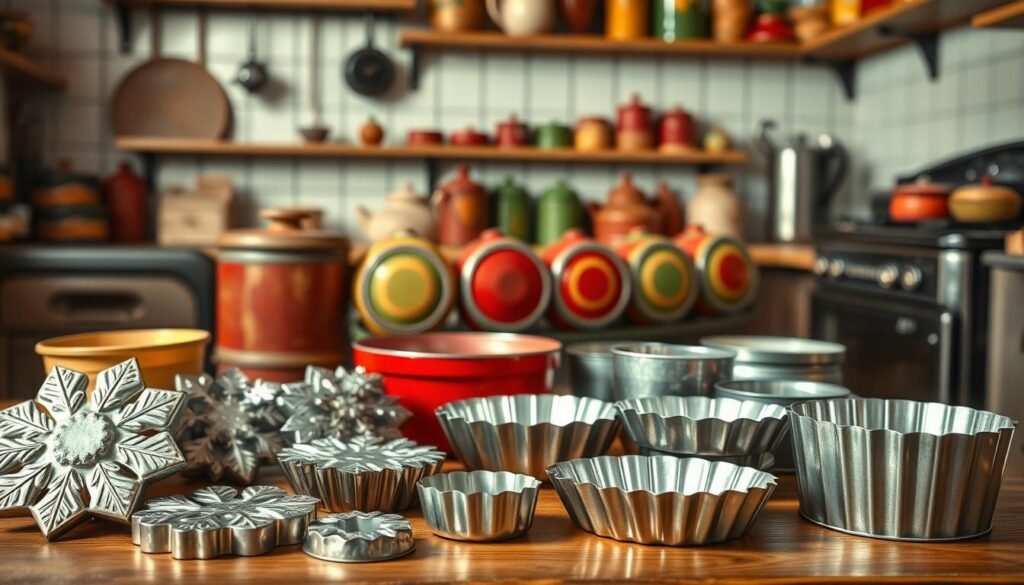 A cozy, nostalgic scene of a vintage kitchen adorned with an assortment of gleaming tin molds and cookie tins. Soft, warm lighting casts a gentle glow, highlighting the timeless charm of these well-worn kitchen treasures. In the foreground, an array of snowflake-patterned molds, fluted tart tins, and dainty cookie cutters are arranged on a wooden surface, their metallic surfaces reflecting the light. In the middle ground, a row of classic round cookie tins in vibrant red, green, and gold hues stand proudly, evoking memories of baking holiday treats. The background features a cozy, farmhouse-inspired kitchen, complete with a vintage stove, hanging pots, and shelves stocked with antique jars and kitchenware, all contributing to the overall sense of timeless, comforting nostalgia. Hyperrealistic, high-quality photographic style. A cozy, nostalgic scene of a vintage kitchen adorned with an assortment of gleaming tin molds and cookie tins. Soft, warm lighting casts a gentle glow, highlighting the timeless charm of these well-worn kitchen treasures. In the foreground, an array of snowflake-patterned molds, fluted tart tins, and dainty cookie cutters are arranged on a wooden surface, their metallic surfaces reflecting the light. In the middle ground, a row of classic round cookie tins in vibrant red, green, and gold hues stand proudly, evoking memories of baking holiday treats. The background features a cozy, farmhouse-inspired kitchen, complete with a vintage stove, hanging pots, and shelves stocked with antique jars and kitchenware, all contributing to the overall sense of timeless, comforting nostalgia. Hyperrealistic, high-quality photographic style.