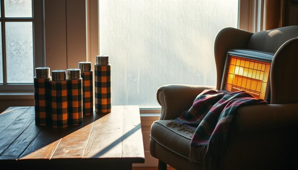 A cozy scene of vintage-inspired decor - a rustic wooden table topped with plaid thermoses in muted earth tones, a tartan wool blanket draped over a worn armchair, and the warm glow of a glowing space heater casting a soft light across the composition. Sunlight filters through a frosted window, casting long shadows that add depth and atmosphere. The overall mood is one of nostalgic comfort and holiday cheer, evocative of bygone eras and cherished family traditions. A cozy scene of vintage-inspired decor - a rustic wooden table topped with plaid thermoses in muted earth tones, a tartan wool blanket draped over a worn armchair, and the warm glow of a glowing space heater casting a soft light across the composition. Sunlight filters through a frosted window, casting long shadows that add depth and atmosphere. The overall mood is one of nostalgic comfort and holiday cheer, evocative of bygone eras and cherished family traditions.