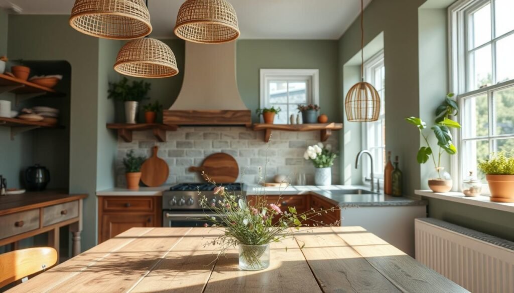 A cozy, sun-dappled kitchen with a natural color palette of earthy greens, warm browns, and muted grays. In the foreground, a rustic wooden table is adorned with a simple yet elegant centerpiece of fresh herbs and wildflowers. Pendant lights with woven rattan shades cast a soft, ambient glow, while large windows allow natural light to pour in, illuminating the space. The walls are painted in a soothing sage hue, complemented by driftwood-inspired shelving and a natural stone backsplash. Potted plants and a wooden cutting board add to the organic, nature-inspired aesthetic, creating an inviting and harmonious atmosphere. A cozy, sun-dappled kitchen with a natural color palette of earthy greens, warm browns, and muted grays. In the foreground, a rustic wooden table is adorned with a simple yet elegant centerpiece of fresh herbs and wildflowers. Pendant lights with woven rattan shades cast a soft, ambient glow, while large windows allow natural light to pour in, illuminating the space. The walls are painted in a soothing sage hue, complemented by driftwood-inspired shelving and a natural stone backsplash. Potted plants and a wooden cutting board add to the organic, nature-inspired aesthetic, creating an inviting and harmonious atmosphere.