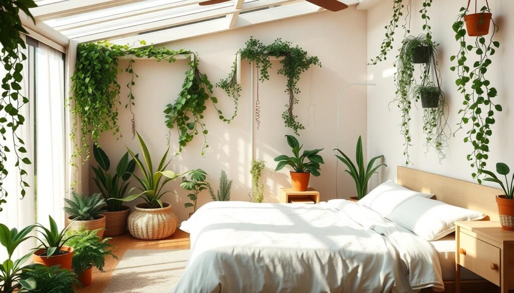 A cozy, sun-drenched bedroom bathed in natural light, surrounded by a lush, verdant oasis. Potted plants, trailing vines, and vibrant greenery adorn the space, creating a serene, biophilic atmosphere. Warm, earthy tones complement the organic elements, and soft, diffused lighting filters through sheer curtains, casting a gentle glow. A large, comfy bed takes center stage, inviting relaxation and peaceful slumber. The room's layout is open and airy, with clean lines and minimalist furnishings that allow the natural elements to shine. Detailed, photorealistic rendering with a sense of tranquility and harmony. A cozy, sun-drenched bedroom bathed in natural light, surrounded by a lush, verdant oasis. Potted plants, trailing vines, and vibrant greenery adorn the space, creating a serene, biophilic atmosphere. Warm, earthy tones complement the organic elements, and soft, diffused lighting filters through sheer curtains, casting a gentle glow. A large, comfy bed takes center stage, inviting relaxation and peaceful slumber. The room's layout is open and airy, with clean lines and minimalist furnishings that allow the natural elements to shine. Detailed, photorealistic rendering with a sense of tranquility and harmony.
