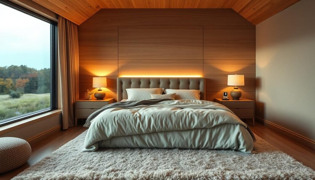A cozy, tech-smart bedroom sanctuary filled with natural textures and soothing lighting. A plush, oversized bed with a headboard adorned with integrated lighting and smart home controls. Wooden nightstands with dimmable lamps and wireless charging pads. A large, panoramic window overlooking a serene, natural landscape, letting in soft, diffused daylight. Plush, neutral-toned rugs and textiles create a calming ambiance. Discreet smart home sensors and voice assistants seamlessly blend into the space, optimizing temperature, humidity and circadian lighting for optimal sleep hygiene. The overall mood is one of cocooning comfort and high-tech tranquility. A cozy, tech-smart bedroom sanctuary filled with natural textures and soothing lighting. A plush, oversized bed with a headboard adorned with integrated lighting and smart home controls. Wooden nightstands with dimmable lamps and wireless charging pads. A large, panoramic window overlooking a serene, natural landscape, letting in soft, diffused daylight. Plush, neutral-toned rugs and textiles create a calming ambiance. Discreet smart home sensors and voice assistants seamlessly blend into the space, optimizing temperature, humidity and circadian lighting for optimal sleep hygiene. The overall mood is one of cocooning comfort and high-tech tranquility.