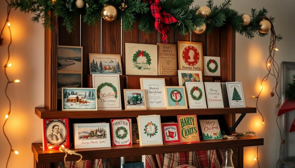 A cozy vintage-inspired Christmas card display, featuring an assortment of antique-styled greeting cards artfully arranged on a rustic wooden shelf. Warm, soft lighting casts a gentle glow, creating a nostalgic, inviting atmosphere. The cards feature classic holiday motifs like snowy landscapes, holly wreaths, and retro-inspired typography, evoking a timeless, charming aesthetic. The display is flanked by delicate garlands and sprigs of evergreen, adding a touch of natural elegance. The overall scene captures the essence of cherished holiday traditions, inviting the viewer to step back in time and experience the enduring magic of vintage Christmas decor. A cozy vintage-inspired Christmas card display, featuring an assortment of antique-styled greeting cards artfully arranged on a rustic wooden shelf. Warm, soft lighting casts a gentle glow, creating a nostalgic, inviting atmosphere. The cards feature classic holiday motifs like snowy landscapes, holly wreaths, and retro-inspired typography, evoking a timeless, charming aesthetic. The display is flanked by delicate garlands and sprigs of evergreen, adding a touch of natural elegance. The overall scene captures the essence of cherished holiday traditions, inviting the viewer to step back in time and experience the enduring magic of vintage Christmas decor.