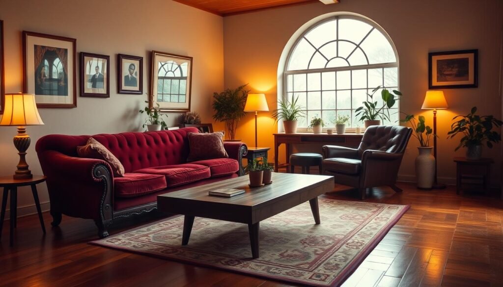 A cozy vintage living room with a focal point of key furniture pieces: a plush velvet sofa in a rich burgundy hue, a carved wooden armchair with a tufted seat, and a mid-century modern coffee table with tapered legs. Warm ambient lighting casts a soft glow, enhancing the room's inviting atmosphere. The hardwood floors are accented by a worn, patterned area rug. Framed artwork and potted plants add natural touches, while a large, arched window allows natural light to filter in. The overall scene conveys a sense of timeless elegance and comfort, creating an anchor for the vintage living space. A cozy vintage living room with a focal point of key furniture pieces: a plush velvet sofa in a rich burgundy hue, a carved wooden armchair with a tufted seat, and a mid-century modern coffee table with tapered legs. Warm ambient lighting casts a soft glow, enhancing the room's inviting atmosphere. The hardwood floors are accented by a worn, patterned area rug. Framed artwork and potted plants add natural touches, while a large, arched window allows natural light to filter in. The overall scene conveys a sense of timeless elegance and comfort, creating an anchor for the vintage living space.