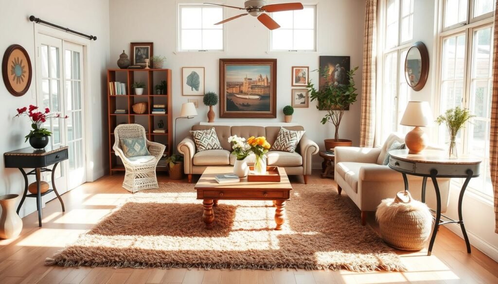 A cozy vintage living room with a mix of modern and classic decor elements. Bright, natural lighting filters through large windows, casting a warm glow on the room. A plush area rug in earthy tones anchors the space, complemented by a sturdy wooden coffee table and a comfortable armchair. Decorative accents like fresh flowers, vintage wall art, and a repurposed side table add character and personality. The overall aesthetic is a harmonious blend of old and new, showcasing budget-friendly updates that elevate the space without sacrificing its vintage charm. A cozy vintage living room with a mix of modern and classic decor elements. Bright, natural lighting filters through large windows, casting a warm glow on the room. A plush area rug in earthy tones anchors the space, complemented by a sturdy wooden coffee table and a comfortable armchair. Decorative accents like fresh flowers, vintage wall art, and a repurposed side table add character and personality. The overall aesthetic is a harmonious blend of old and new, showcasing budget-friendly updates that elevate the space without sacrificing its vintage charm.