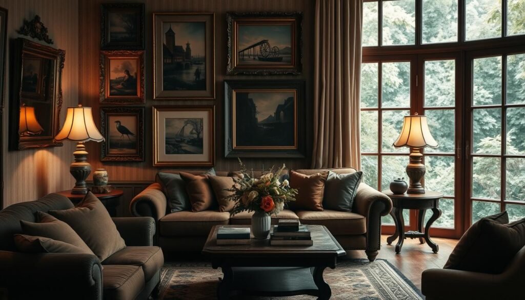 A cozy vintage living room with a warm, inviting atmosphere. In the foreground, a plush sofa adorned with throw pillows in rich, earthy tones. On the walls, a curated collection of framed art pieces in ornate vintage frames. Elegant table lamps provide soft, ambient lighting, casting a gentle glow throughout the space. In the middle ground, a wooden coffee table displays a selection of carefully chosen decorative accessories, such as a vase of fresh flowers and a stack of vintage books. The background features a large window overlooking a lush, verdant outdoor scene, allowing natural light to filter in and enhance the overall mood. The composition is balanced and visually striking, showcasing the thoughtful blending of vintage elements, artistic expression, and strategic lighting to create a timeless and inviting living room setting. A cozy vintage living room with a warm, inviting atmosphere. In the foreground, a plush sofa adorned with throw pillows in rich, earthy tones. On the walls, a curated collection of framed art pieces in ornate vintage frames. Elegant table lamps provide soft, ambient lighting, casting a gentle glow throughout the space. In the middle ground, a wooden coffee table displays a selection of carefully chosen decorative accessories, such as a vase of fresh flowers and a stack of vintage books. The background features a large window overlooking a lush, verdant outdoor scene, allowing natural light to filter in and enhance the overall mood. The composition is balanced and visually striking, showcasing the thoughtful blending of vintage elements, artistic expression, and strategic lighting to create a timeless and inviting living room setting.