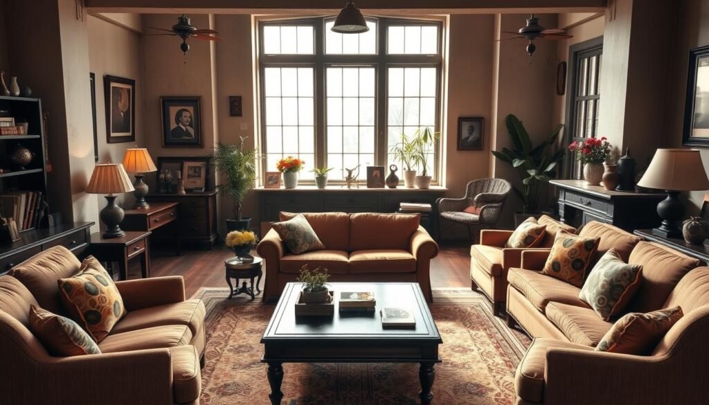 A cozy, well-appointed vintage living room with various layout ideas for different room sizes. The foreground showcases a range of furniture arrangements, including a plush sectional, armchairs, and a coffee table, all in a warm, earthy color palette. The middle ground features decorative accents like antique lamps, framed artwork, and potted plants, creating a sense of depth and balance. In the background, large windows allow natural light to flood the space, accentuating the room's architectural details and enhancing the overall vintage ambiance. The lighting is soft and diffused, creating a inviting, relaxed atmosphere. The photorealistic style captures the textures, materials, and subtle nuances of the vintage furnishings and decor, making this an inspiring visual representation of layout ideas for different room sizes. A cozy, well-appointed vintage living room with various layout ideas for different room sizes. The foreground showcases a range of furniture arrangements, including a plush sectional, armchairs, and a coffee table, all in a warm, earthy color palette. The middle ground features decorative accents like antique lamps, framed artwork, and potted plants, creating a sense of depth and balance. In the background, large windows allow natural light to flood the space, accentuating the room's architectural details and enhancing the overall vintage ambiance. The lighting is soft and diffused, creating a inviting, relaxed atmosphere. The photorealistic style captures the textures, materials, and subtle nuances of the vintage furnishings and decor, making this an inspiring visual representation of layout ideas for different room sizes.