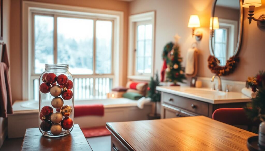 A cozy, well-lit bathroom interior with warm, inviting tones. In the foreground, a glass jar filled with Christmas ornaments sits on a wooden vanity, casting a soft glow. In the middle ground, a festive bath mat and plush towels in holiday colors add pops of seasonal cheer. The background features a large window overlooking a snowy landscape, illuminating the space with natural light. Elegant sconce lighting fixtures flank the mirror, creating a serene and calming atmosphere for budget planning. The overall scene conveys a sense of coziness and holiday spirit, perfect for illustrating "Setting Your Christmas Bathroom Decor Budget".